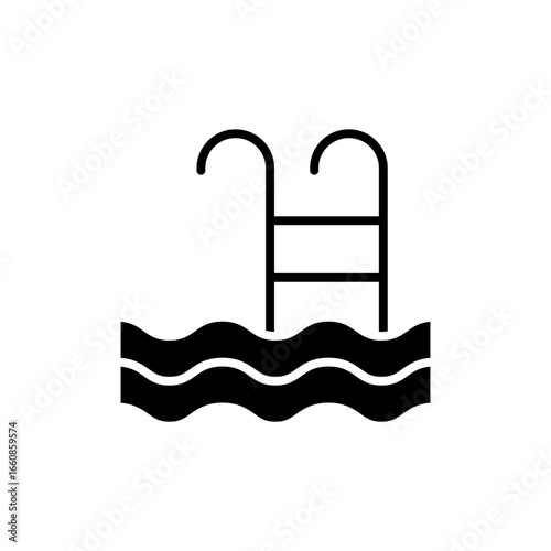 Ladder in swimming pool icon. Simple solid style. Olympic, poolside, leisure, beach, water, summer, wave, hotel, poolside access concept. Silhouette, glyph symbol. Vector isolated design