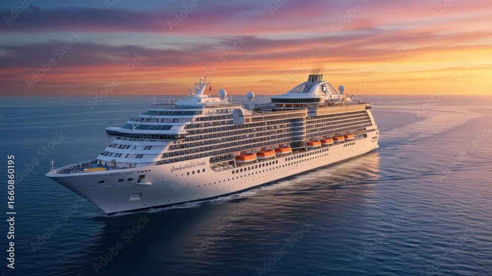 Luxury cruise ship sailing on the ocean with a beautiful sunset providing a magical maritime Luxury cruise ship sailing on the ocean with a beautiful sunset providing a magical maritime