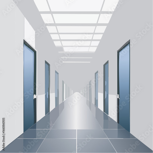 School hallway interior with doors and lockers
3