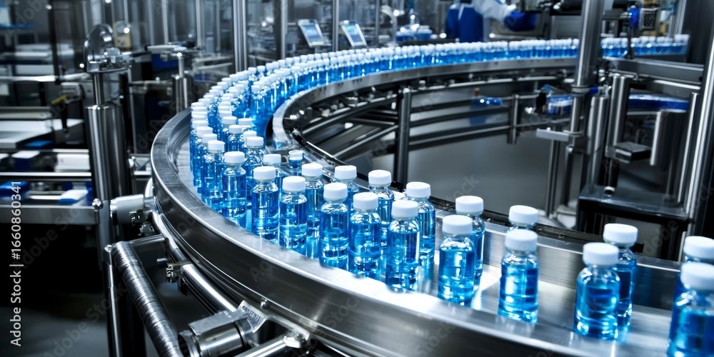 Fototapeta premium Workers monitor the production line where vials are filled and packaged.