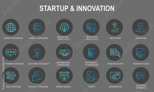 Startup and Innovation Icon Set for Business Strategy, Customer Development, and Entrepreneurial UI Design
