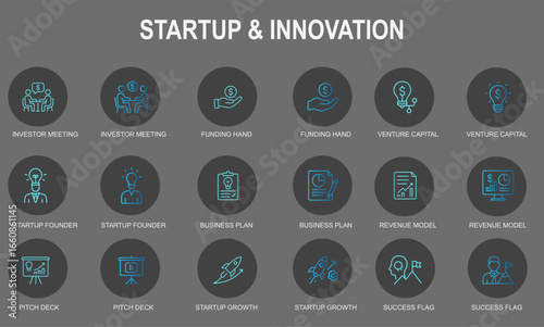 Startup and Innovation Icon Set for Business Planning, Venture Funding, and Entrepreneurial UI Design