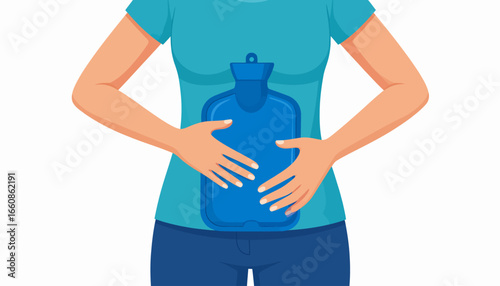 Woman holding hot water bottle on stomach.