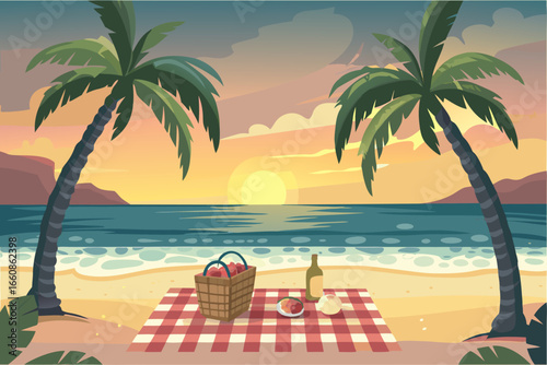 A serene beach picnic setup with palm trees at sunset on sandy shore