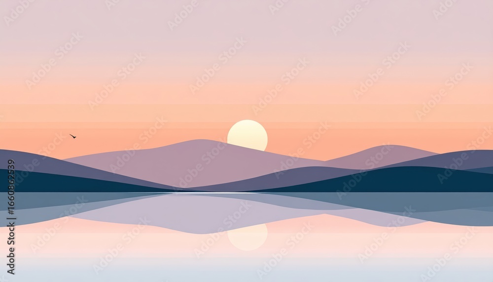 Obraz premium Serene sunrise over calm lake with distant mountains and pastel sky, peaceful landscape scene perfect for nature, tranquility, and outdoor nature themes