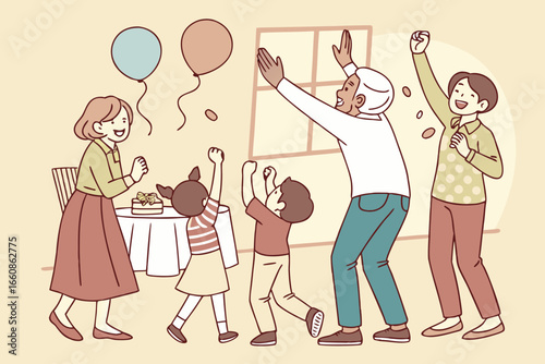 Vector illustration of a joyful family celebration with kids, parents, and grandparents playing with balloons indoors, symbolizing happiness, bonding, and festive moments.