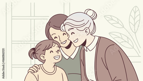Cartoon vector illustration of three generations of women—grandmother, mother, and daughter—smiling together