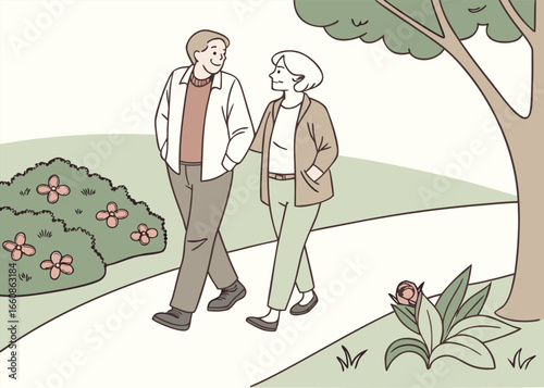 Cartoon vector illustration of an elderly couple walking together in a park, enjoying nature and companionship, representing healthy lifestyle and senior bonding.
