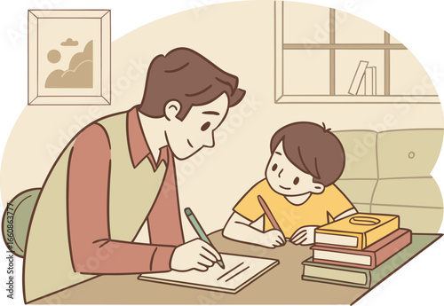 Vector illustration of a father helping his son with homework at home, symbolizing parenting, learning, guidance, and family education.