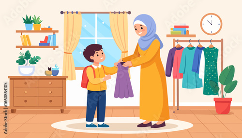 Mother helping son choose outfit.