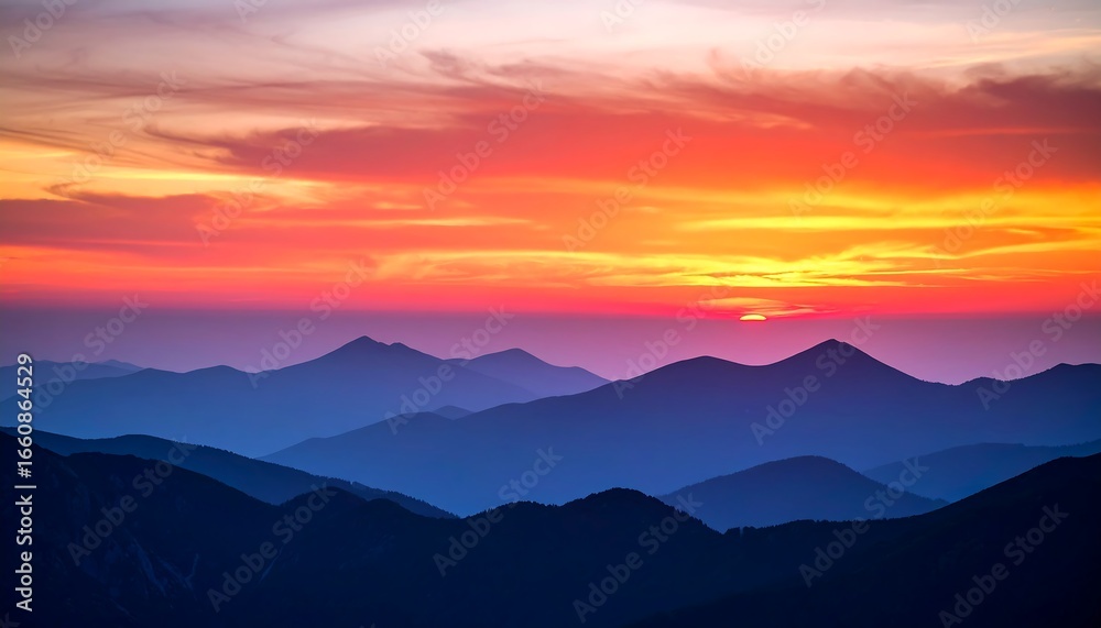 Obraz premium Vibrant Sunset Over Mountain Ranges.