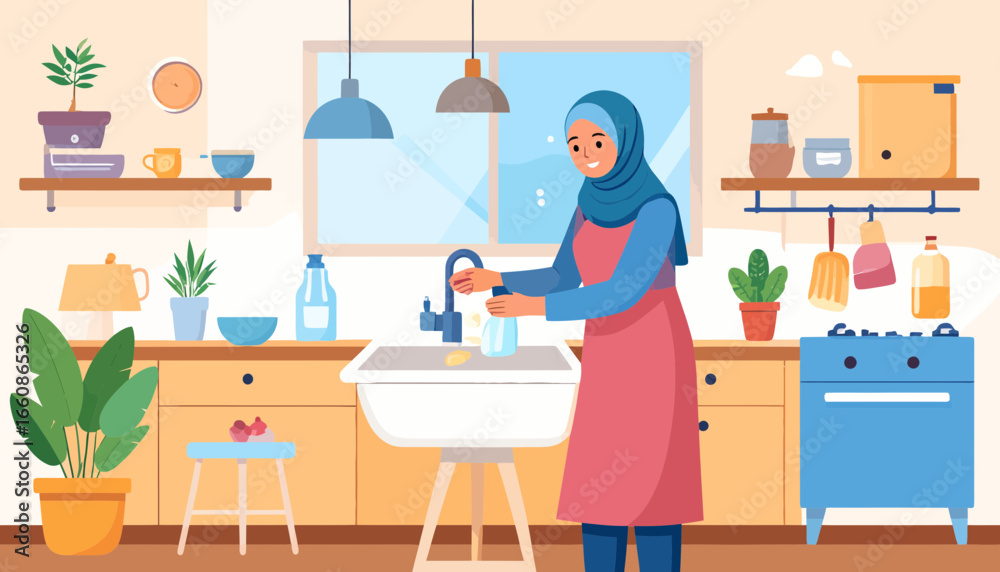 Fototapeta premium Woman wearing hijab washing dishes in kitchen.