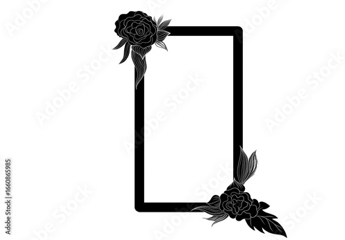 Elegant Black and White Floral Frame, Gothic Wedding Invitation Design, Elegant black rose frame for invitations or design projects with white copy space transparent background hand draw