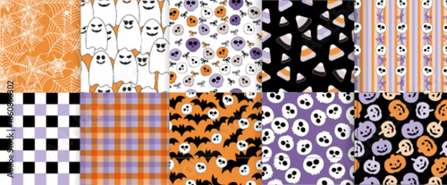 Retro Halloween Seamless Pattern Illustration SVG, Spooky Seamless Patterns with Pumpkins, Ghosts, Skulls, Candy Corn, Plaid, Stripes, and Bats