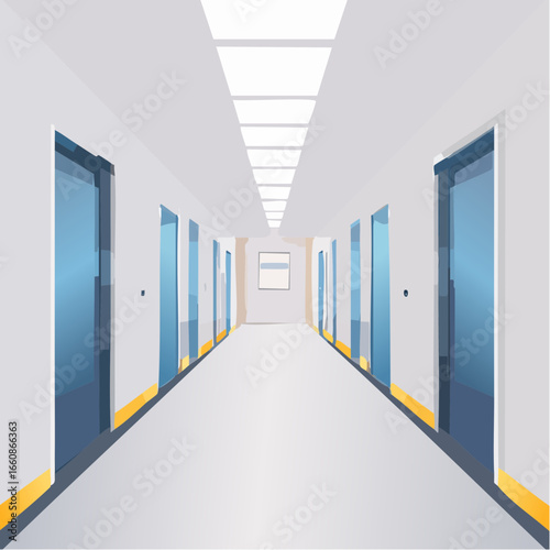 School hallway interior with doors and lockers
4