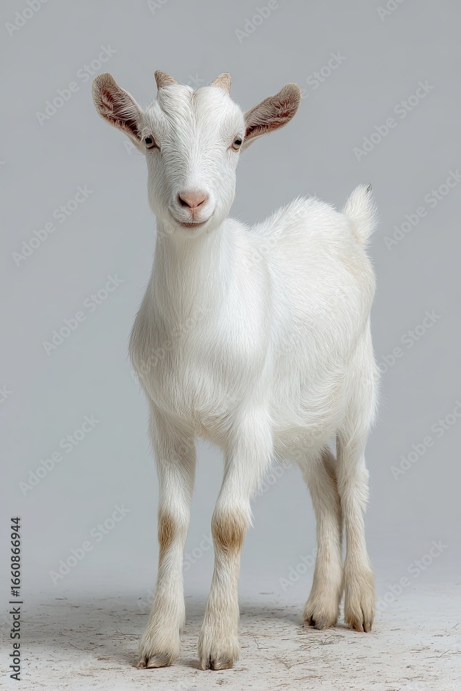 Obraz premium White goat stands confidently, looking forward, on a neutral background