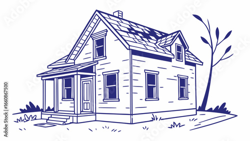 A blue line drawing of a house.