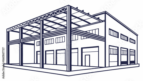 A blue line drawing of an industrial building with a partially open roof.