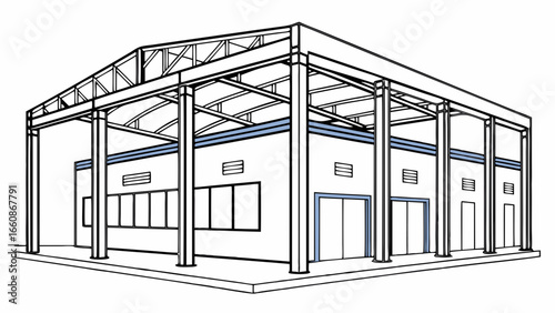 A large industrial building with columns.