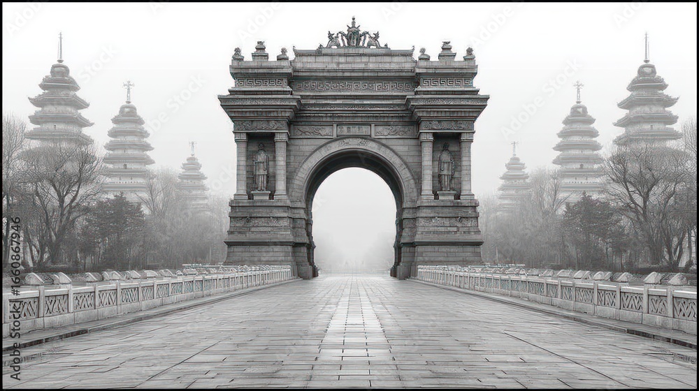 Fototapeta premium Archway and pagodas in foggy landscape stone bridge with decorative railing