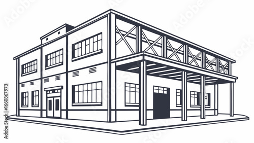 A black and white line drawing of a large industrial building with a covered porch.