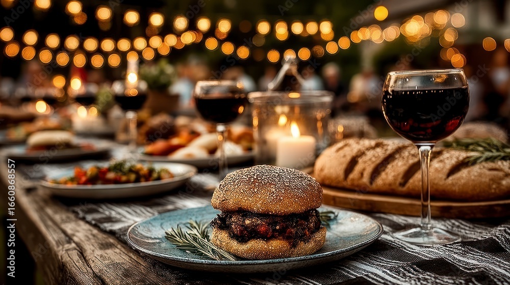 Fototapeta premium Outdoor dining table with burgers bread wine candles and string lights