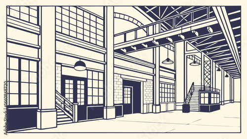 A large industrial building with many windows.