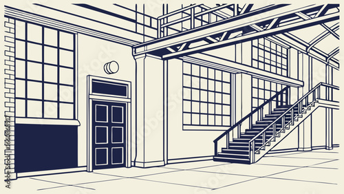 Industrial building with staircase and windows.