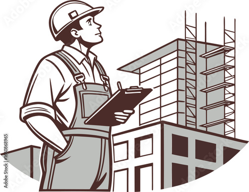 Vector cartoon of a construction worker in a hard hat holding a clipboard, supervising a building site with high-rise structures in progress.