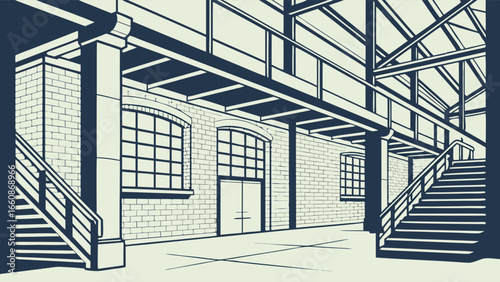 Industrial building interior with staircase.