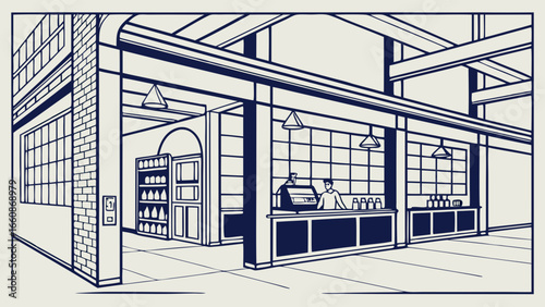 A large industrial interior space with a counter.