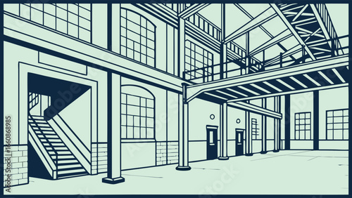 Interior of a large industrial building with staircase and windows.