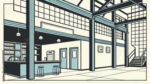 Interior of a modern industrial building with kitchen area.