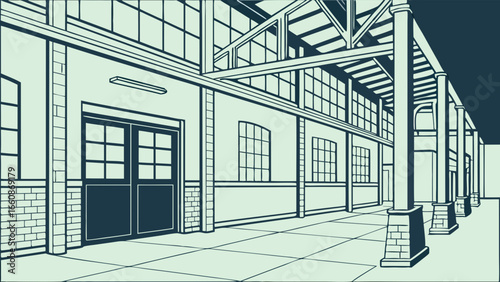 Illustration of a large industrial building exterior.