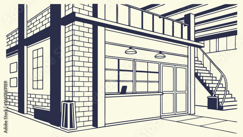 A blue and white drawing of a building with a staircase.