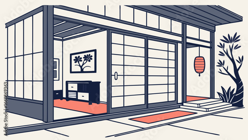 Traditional Japanese house with sliding doors.