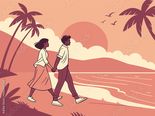 Vector illustration of a couple walking hand in hand along a tropical beach at sunset, with palm trees, ocean waves, and birds in the sky, symbolizing romance and relaxation.