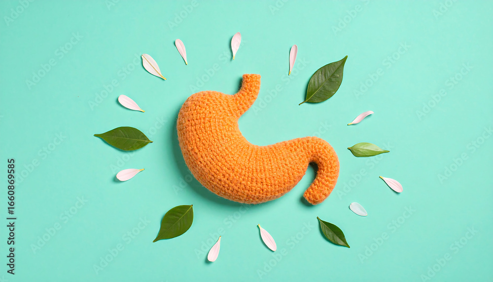 Fototapeta premium Crocheted Stomach Surrounded by Nature Vibrant Teal Background.