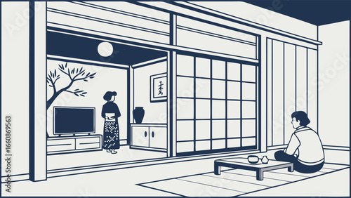 Traditional Japanese interior with tatami mat and sliding doors.