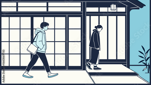 Two men walking past a building.