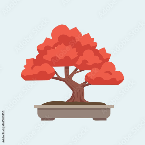 A bonsai tree with red leaves in a rectangular pot against light blue.