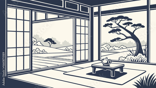 Traditional Japanese room with sliding doors and garden view.