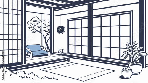 A serene Japanese-style room with tatami mat and shoji screens.