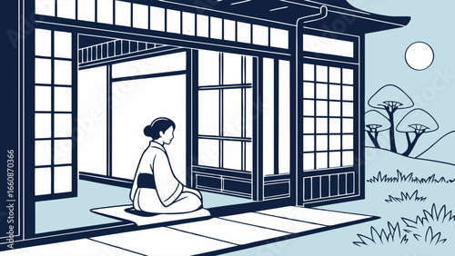 Serene woman in traditional Japanese house.