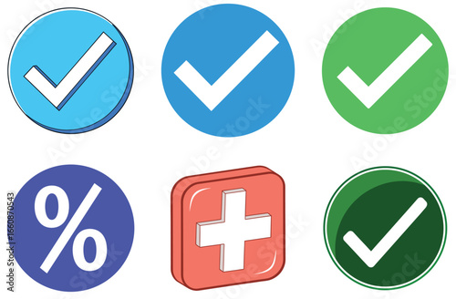 Six icons including check marks, percentage, and plus sign in blue, green, and red tick correct