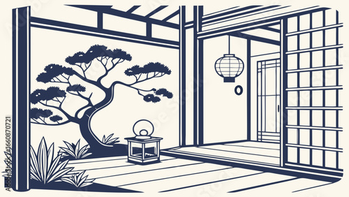 A serene Japanese-style room with bonsai tree.