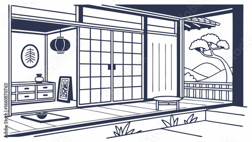 Traditional Japanese interior design with tatami mat and sliding doors.