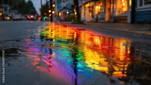 Fototapeta Naklejka Na Ścianę i Meble -  Rain-slicked street reflecting colorful shop lights at night