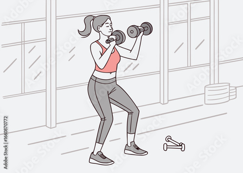 Cartoon vector illustration of a woman exercising with dumbbells in a gym