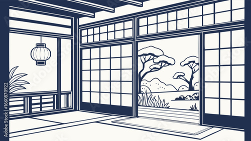 A serene Japanese-style room interior with sliding doors and a garden view.